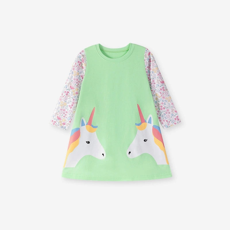 Autumn and Spring Arrival Unicorn and Flowers Pattern Long Sleeves Color Patchwork Dress for Stylish Girls