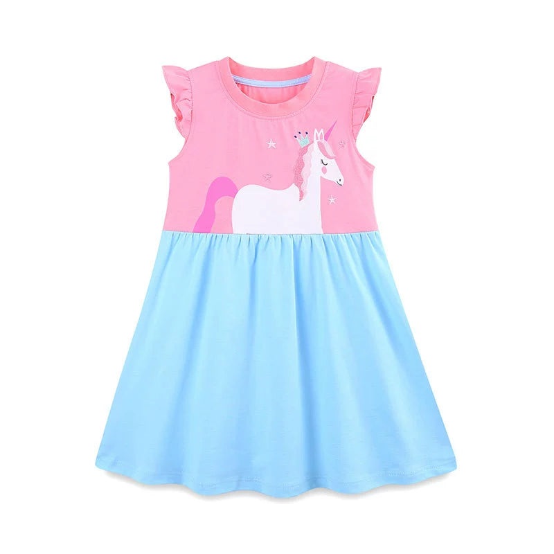 Summer Hot Selling Cute Unicorn Cartoon Pattern Fly Sleeves Color Patchwork Dress for Stylish Girls