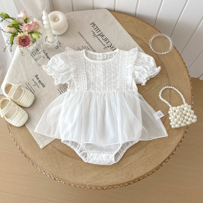 Summer Arrival Baby Girls Short Sleeves Solid Color Tulle Decorated Onesies with Embroidery Pattern