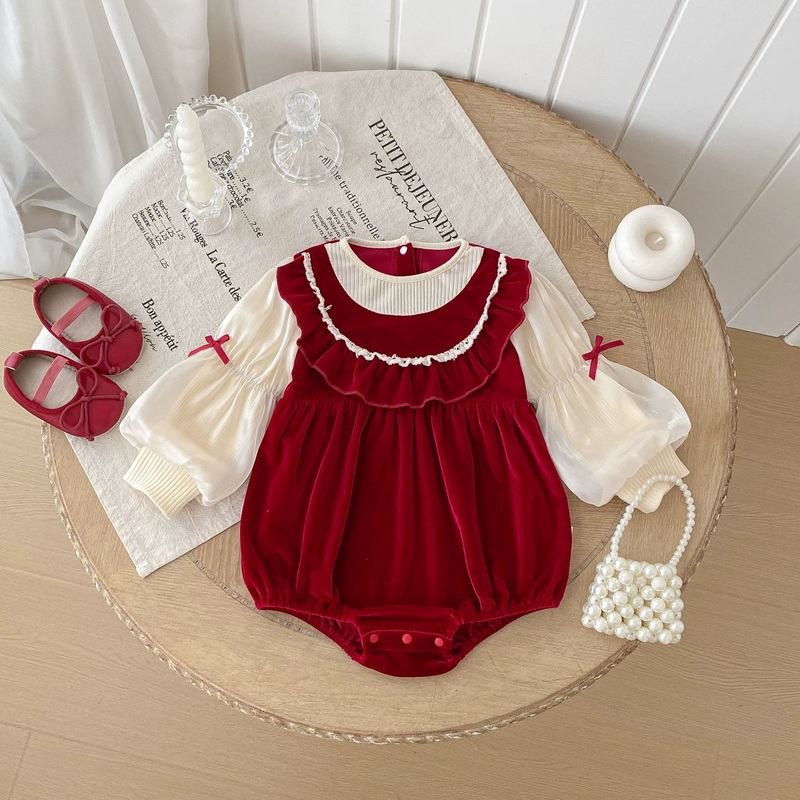 Autumn Arrival Baby Girls Long Sleeves Butterfly-bows Decorated Color Patchwork Onesies