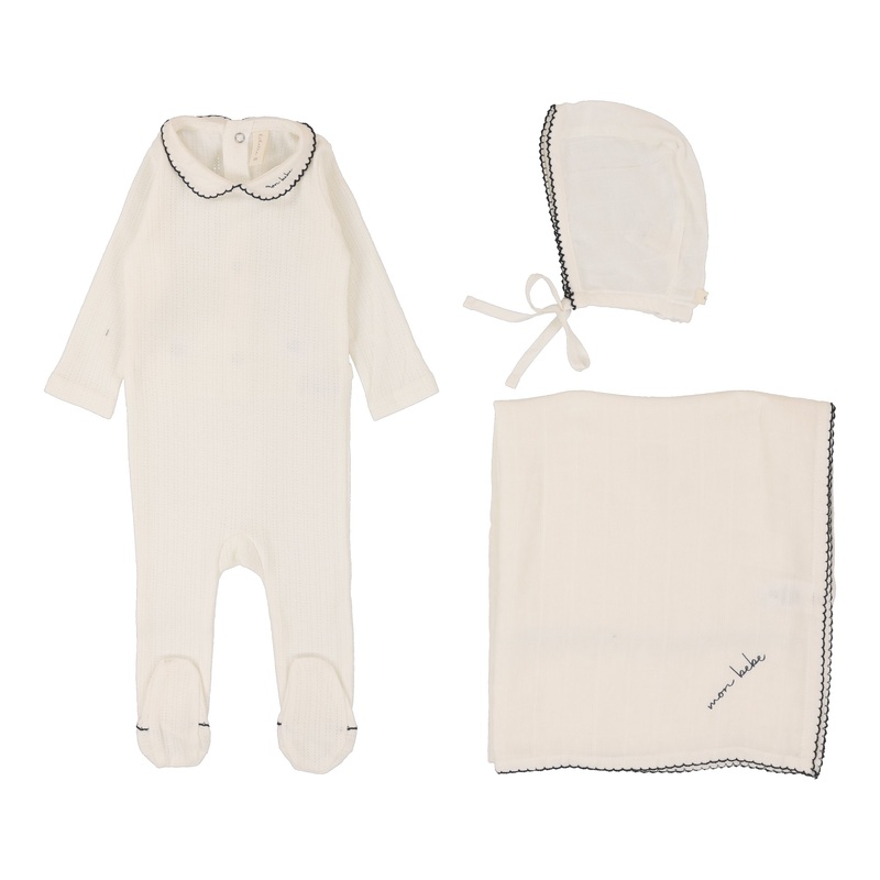 EDGED COLLAR LAYETTE SET-WINTER WHITE/NAVY