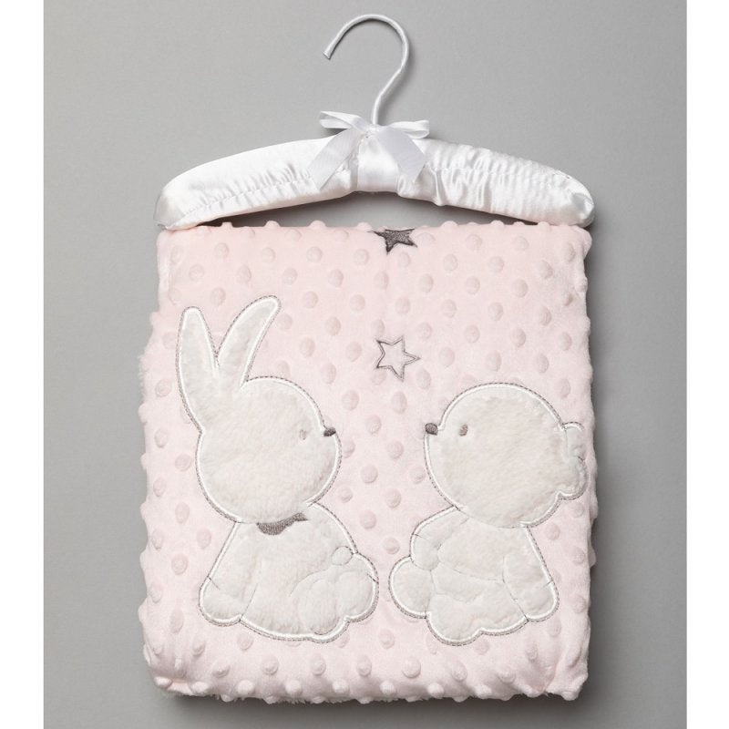 Baby Pink Dimple Wrap Blanket With Sherpa Backing And Applique Rabbit And Teddy Bear